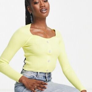 NWT Missguided / Fun Sweetheart Diamante Button LS Sweater Top. Yellow. Knit.